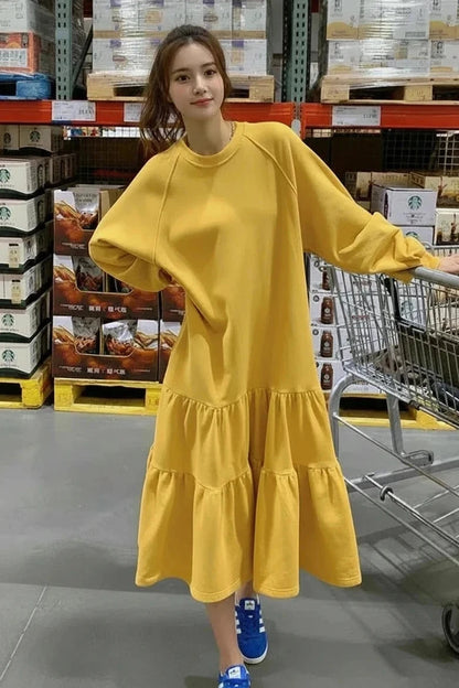 🍒Oversized dress solid color loose outfit long sleeve maxi fashion for women o-neck a-line outfits casual wear Feel Good Tiers Of Joy