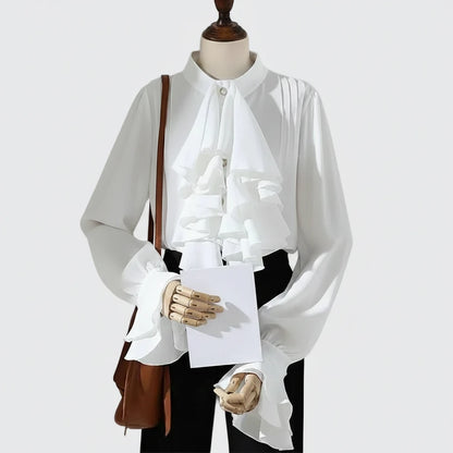 🍒Vintage blouse court style button fold flare sleeve slim pure white shirt with ruffles women elegant stand collar top female smart casual wear office clothing occasion clothing  No One Will Judge You With This Cool Court Style Blouse
