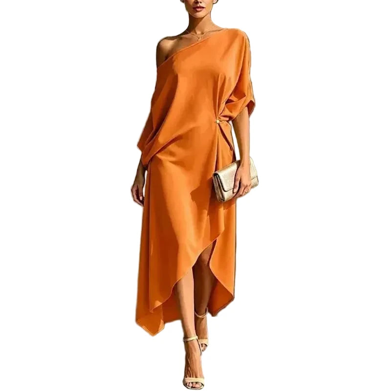 🍒Cold shoulder midi dress loose solid draped knot waist Irregular hem outfit for occasion holiday evening wear women elegant guest wear Pretty Perfect Pinched