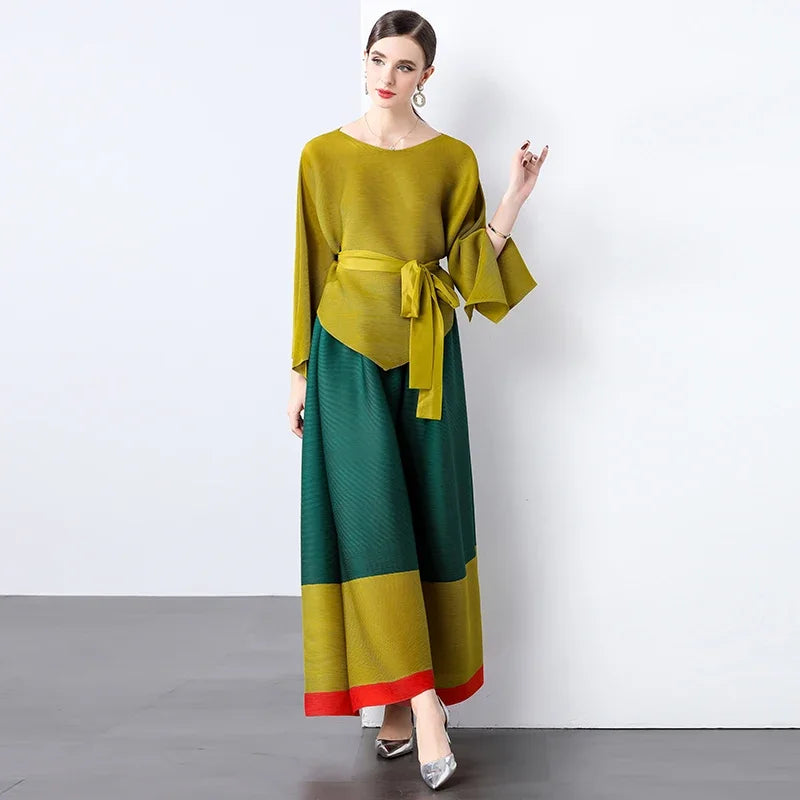 🍒Fashion two-piece sets Loose Irregular hem top pleated patchwork top with belt and  wide-Leg matching pants Your Mouth Will Be Wide Open When You Receive This Cherry  please note some colours are not matched to colour just order as you see what you like