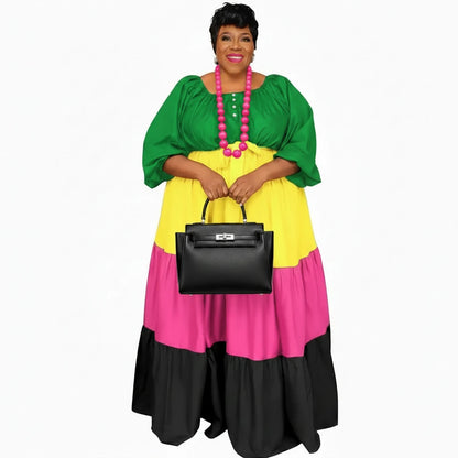 🍒Plus size womens dress colourful clothing puff sleeve maxi outfit long stleeve slash neck patchwork female casual wear Casual long dress Get Into Colour L-5XL