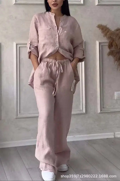 🍒two piece sets casual long sleeve womens shirt with pockets and fashion loose wide leg pants outfit smart casual clothes         Ba-sick