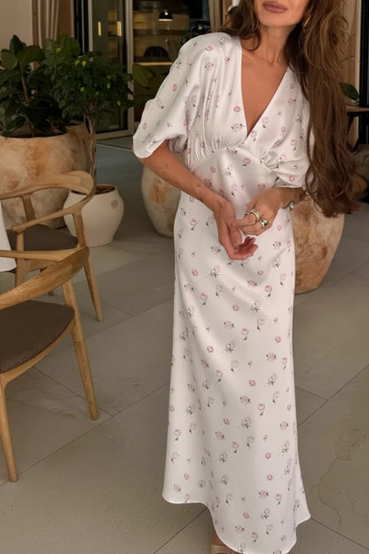 🍒Wit blomme satyn maxi rok vir vroue gemaklik of geleentheid trougas strandvakansie uitrusting blomme gedrukte V-nek rok vroue mode skraal pasmiddellyf kort vlindermou lang somerdrag met kort moue hoë middellyf oulike gemaklike geleentheid