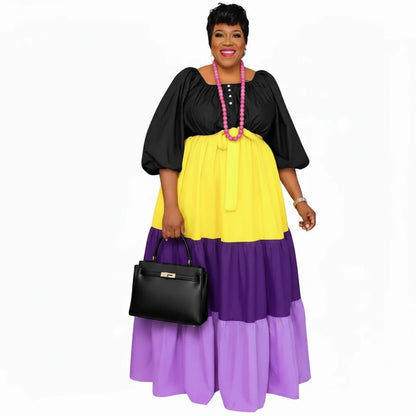 🍒Plus size womens dress colourful clothing puff sleeve maxi outfit long stleeve slash neck patchwork female casual wear Casual long dress Get Into Colour L-5XL