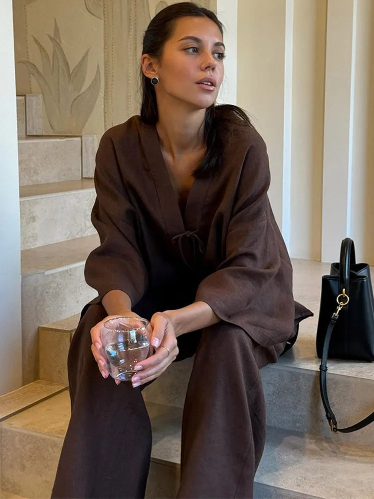 🍒Summer fashion outfits chic brown cotton linen lace up shirt suits casual v- neck long sleeves loose pants set lady Dont Get Browned Off With Uncomfy Clothes Get Some Chocholate And Relax