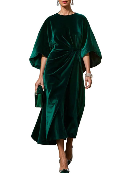 🍒Women's velvet dress fashion and elegant fitted waist outfit with batwing sleeves solid party wear Autumn occasion wear Purr -chase  Posh Plush
