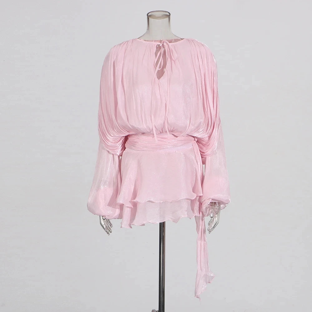 🍒Soliede dasnekrok met hoë middellyf en ruffle vir vroue, langmou mini-partytjieklere, klubdrag, geleentheidsklere, vroulike mode, Swier In Ruffles