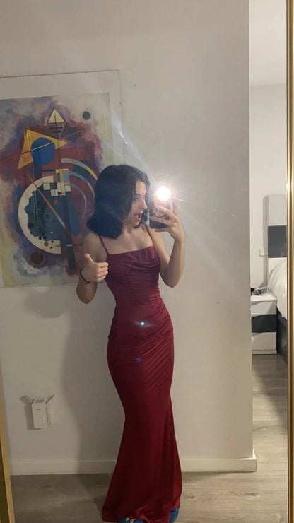 🍒紧身连衣裙 露背优雅 女士褶皱鱼尾长裙 晚装 派对正装 别致服装