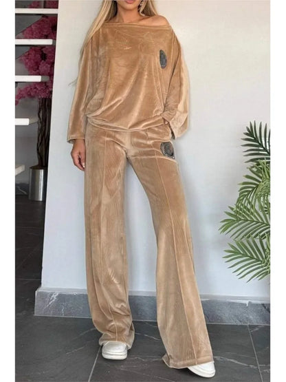🍒Velvet two piece set solid round neck fashion of shoulder batwing top plus flared trouser casual two-piece outfits for women vibe in velvet