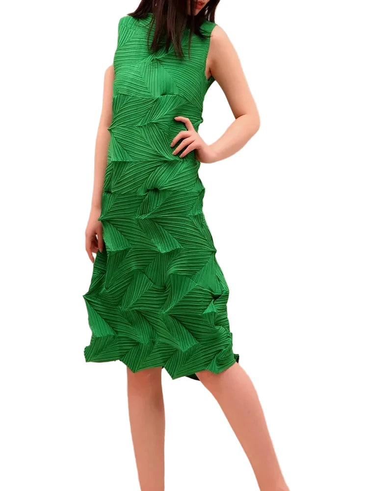 🍒Sleeveless pleated dress for women turtleneck outfit single colour solid fashion smart casual women party wear occasion clothing style 3D fold designer dresses Fashion A Fold