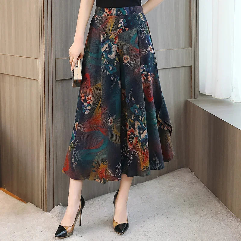 🍒Summer wide leg pants cropped smart casual women high quality loose bohemian skirt pants high waist vintage style trousers multi colour bottoms mid length trousers No Panting In These Summer Light Pants