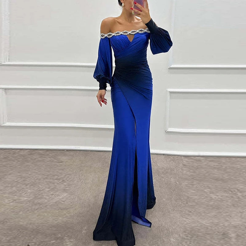 🍒Contrast colour dress high waist ruched long dress outfit Off shoulder puff sleeve party wear womens evening gown occasion wear