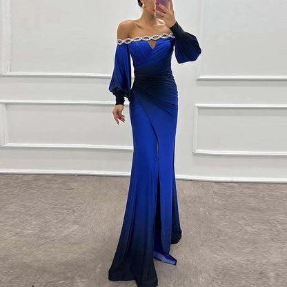 🍒Contrast colour dress high waist ruched long dress outfit Off shoulder puff sleeve party wear womens evening gown occasion wear
