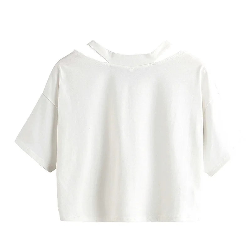 🍒Solid colour open shoulder t-shirt hollow solid colour tee v-neck women's short sleeve tops tank