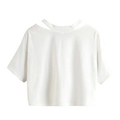🍒Solid colour open shoulder t-shirt hollow solid colour tee v-neck women's short sleeve tops tank