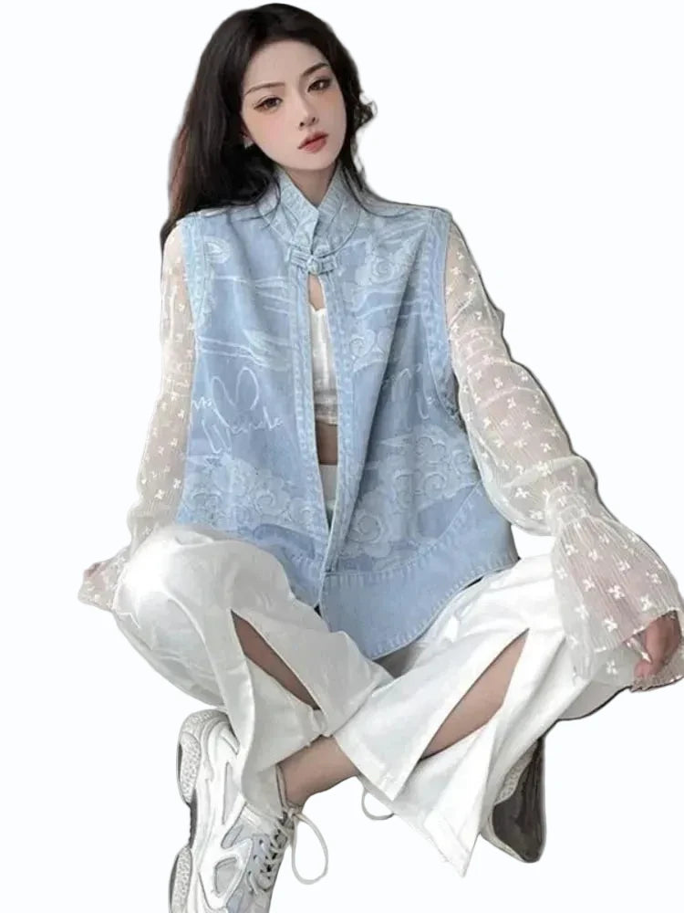 🍒Denim Vests womens spring sleeveless jacket for autumn fashion denim waistcoat outer wear all-match cool daily chic loose casual vintage style clothes versatile Y2k clothing  Dash-on Denim Daily