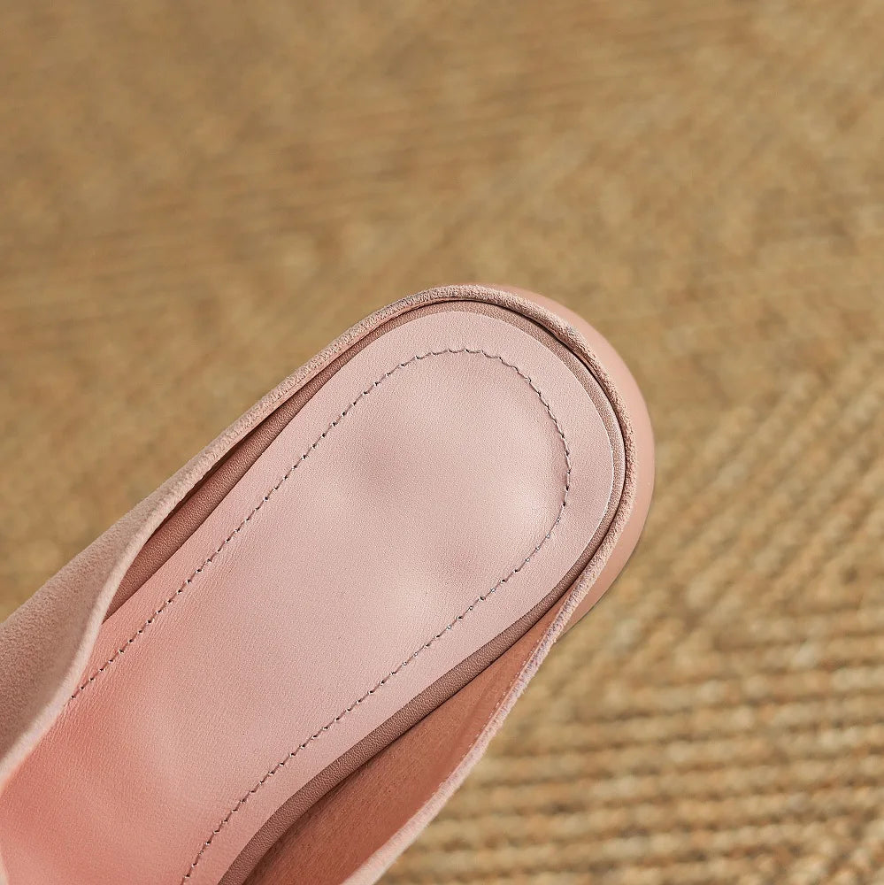 🍒Handmade genuine leather shoes suede footwear for occasion slippers for women mules round toe low heel mules summer footwear female 34-41 Look Slip On Your Bow With A Bow Slipper