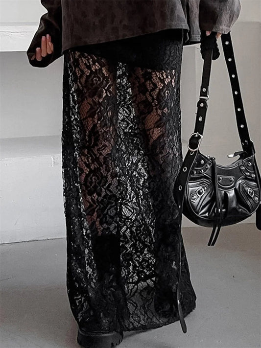 🍒Lace long skirt black elegant low waist solid colour see-through  fashion maxi smart casual clothing                        Transfomation Transparents