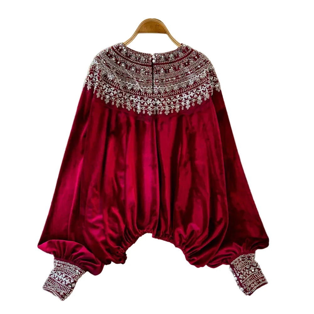 🍒Vintage fluweel bloes dames velours hemp paillette kleding elastiese middellyf top Los partytjie geleentheid drag kleding Gestem Fluweel Wisselend Nooit