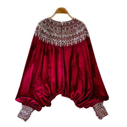 🍒Vintage fluweel bloes dames velours hemp paillette kleding elastiese middellyf top Los partytjie geleentheid drag kleding Gestem Fluweel Wisselend Nooit