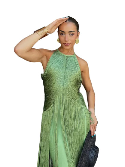 🍒Multi-layer tassel dress women's solid o-neck sleeveless cocktail dress elegant female fashion ball party outfit occasion wear club wear holiday beach party wear No Tossle Tassle