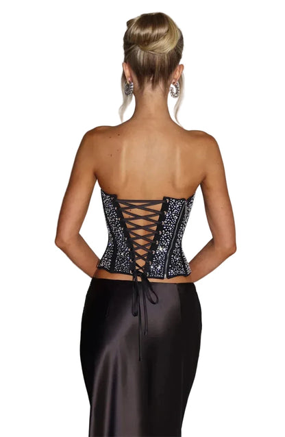 🍒Sequins top and skirt set womens shiny scarf collar with sparkly bodice top with lace up back and satin maxi skirt with fish tail elegant occasion wear club party skirt matching set
