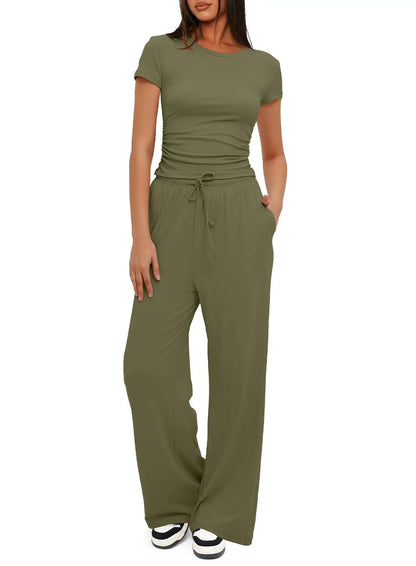🍒Womens two-piece outfit set fashion pleated short sleeved top casual wear clothing  and matching comfort long high waisted wide leg pants sportswear Sport your style in Slimline