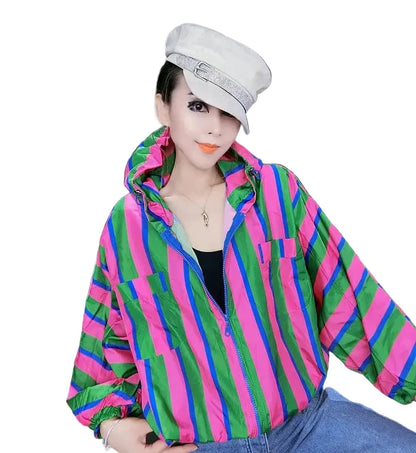 🍒Hooded windbreaker Jacket women streetwear long sleeves spring top quick drying Y2k striped clothing fashion casual bomber women    Swipe Right To This Right Stripe