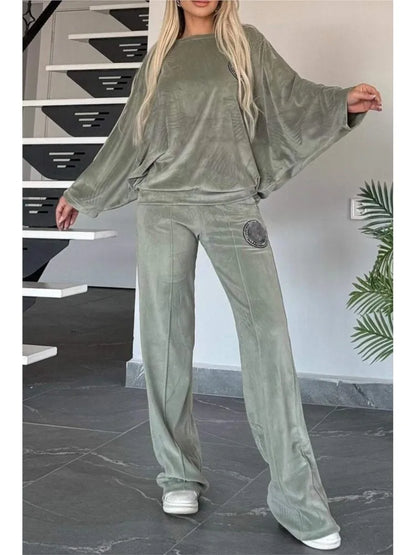 🍒Velvet two piece set solid round neck fashion of shoulder batwing top plus flared trouser casual two-piece outfits for women vibe in velvet