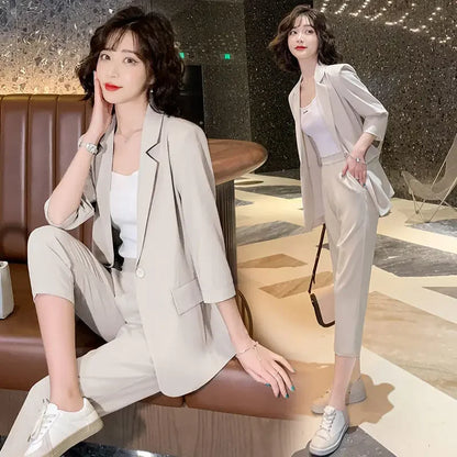 🍒Two piece blazer suit jacket and Pants two piece set for Women capri trousers with lapel jacket  office workwear party occasion wear Look Cool In Ice Cream