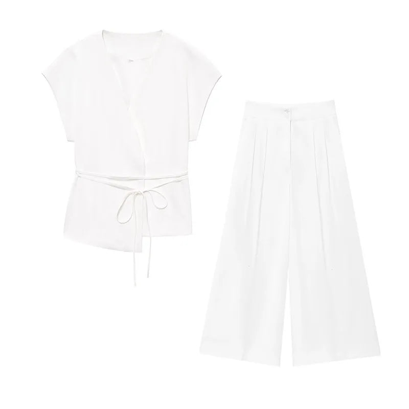 🍒Trouser suits for women sleeveless v-neck top with belt and straight pants wide leg sets spring summer clothing smart casual clothes party occasion wear two piece Two Piece Ease