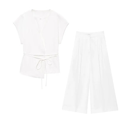 🍒Trouser suits for women sleeveless v-neck top with belt and straight pants wide leg sets spring summer clothing smart casual clothes party occasion wear two piece Two Piece Ease