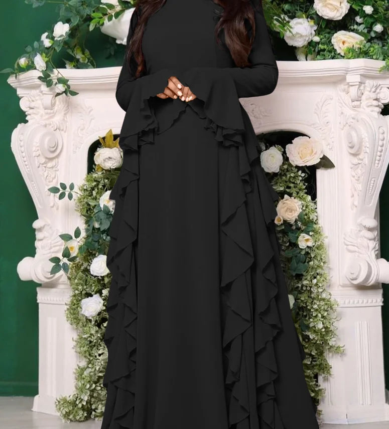 🍒Elegant women party dress high waist solid colour occasion wear design flared sleeve outfit for party all season clothing Reliant Ruffles