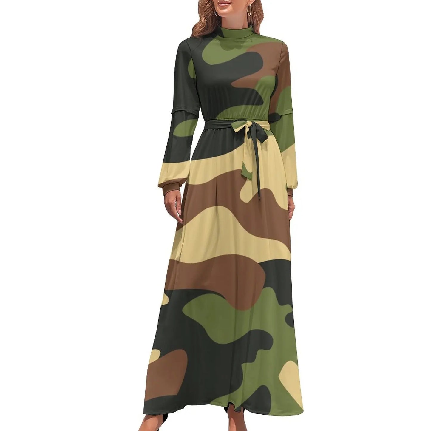 🍒Militêre kamoefleerrok hoë middellyf uitrusting boheemse sjiek langmou maxi stylvolle slim gemaklike klere vroue Camodel Camo