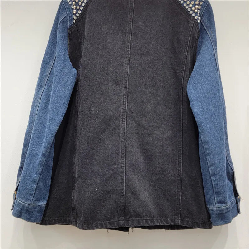 🍒Y2K oesjaar denimbaadjie stylvolle vakmanskap gestikte diamante baadjie enkele knoop gemengde media klere kontraskleur lapwerk denim dra slim gemaklik vroue Denim Ontwerper Diamant Genot