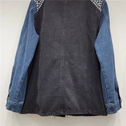 🍒Y2K oesjaar denimbaadjie stylvolle vakmanskap gestikte diamante baadjie enkele knoop gemengde media klere kontraskleur lapwerk denim dra slim gemaklik vroue Denim Ontwerper Diamant Genot
