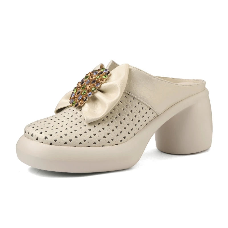 🍒Genuine leather mules for women cowhide rhinestone chunky heel shoes with thick sole, occasion slippers fashion party footwear with bow Climb Into Clogs