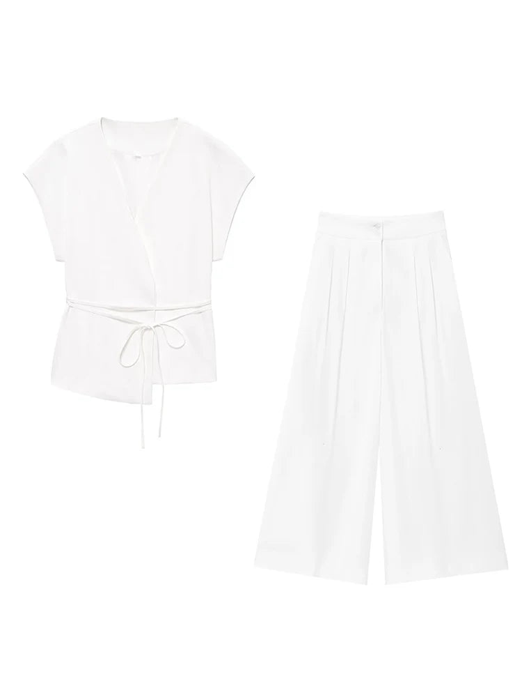 🍒Trouser suits for women sleeveless v-neck top with belt and straight pants wide leg sets spring summer clothing smart casual clothes party occasion wear two piece Two Piece Ease