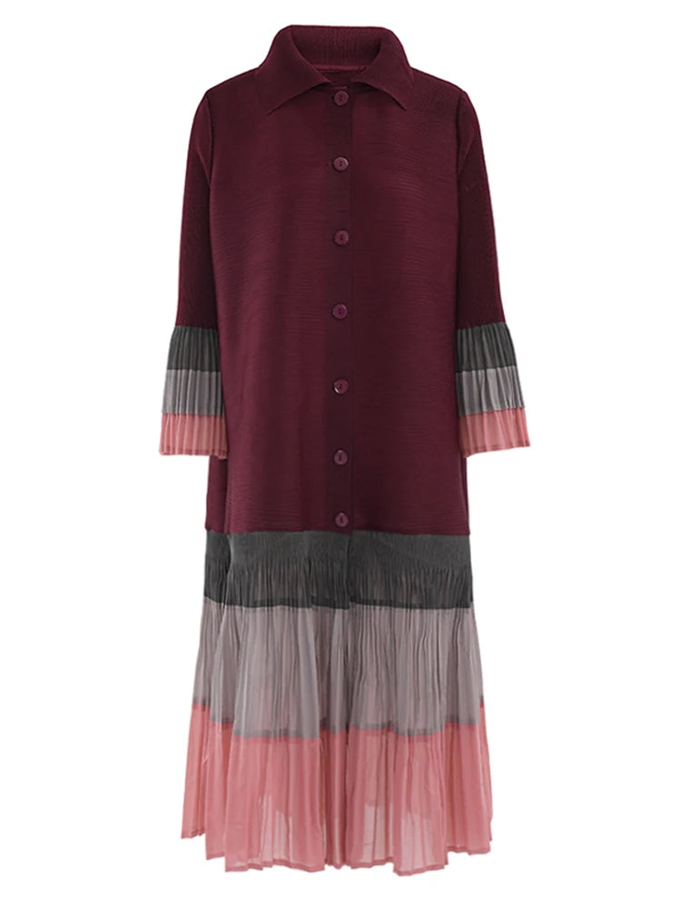 🍒Ruffle pleated midi dress lapel button and flared sleeve women fashion single breasted loose outfit contrast colour