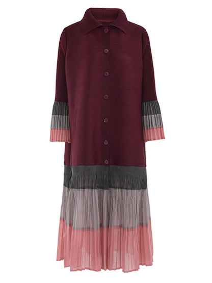 🍒Ruffle pleated midi dress lapel button and flared sleeve women fashion single breasted loose outfit contrast colour