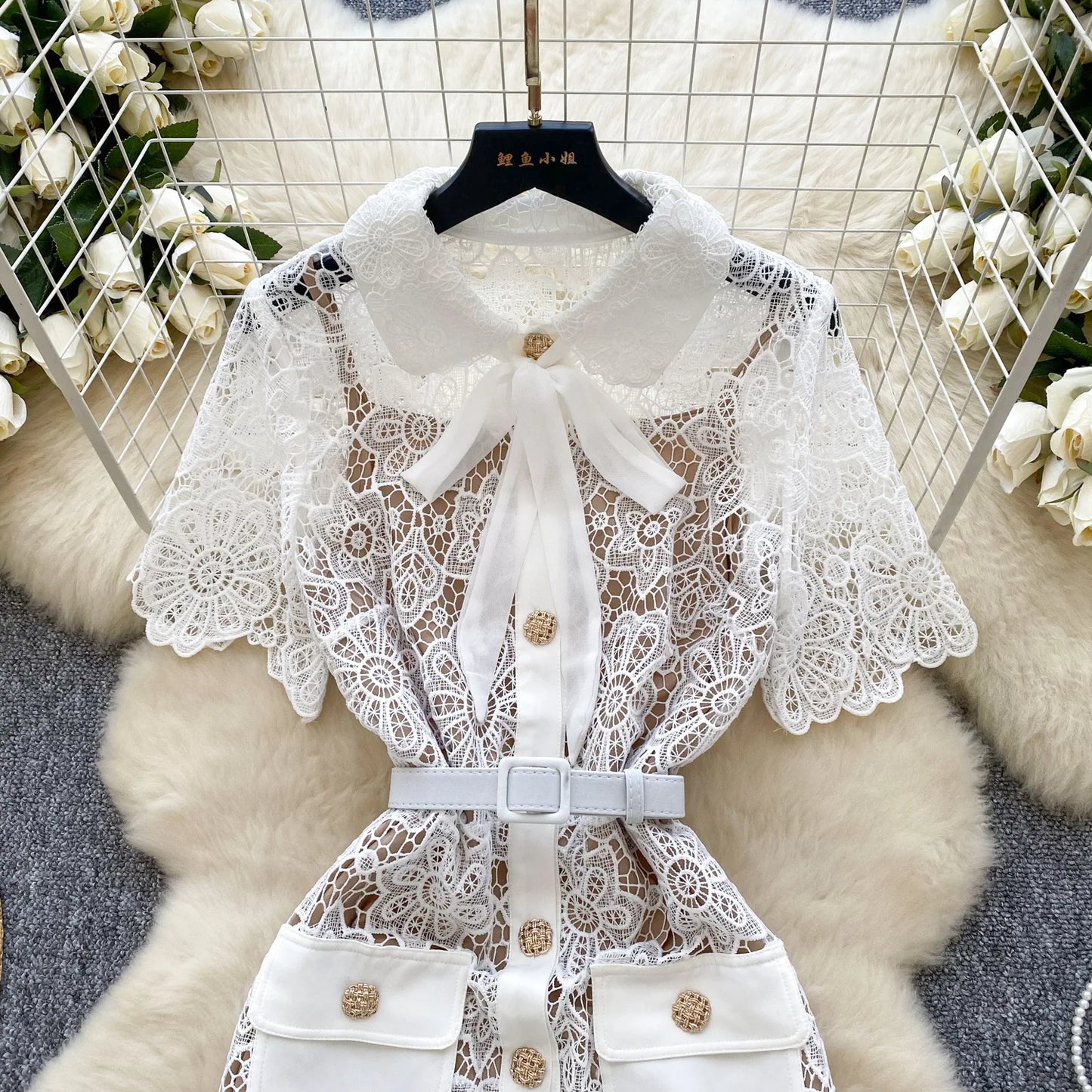 🍒Wit lang kantrok vir vroue kortmou omvou-kraag elegante geleentheidspartytjie troue onthaal uitrusting hoë middellyf Y2k mode Lacey Bow Hou hiervan so sal jy!