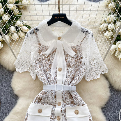 🍒Wit lang kantrok vir vroue kortmou omvou-kraag elegante geleentheidspartytjie troue onthaal uitrusting hoë middellyf Y2k mode Lacey Bow Hou hiervan so sal jy!