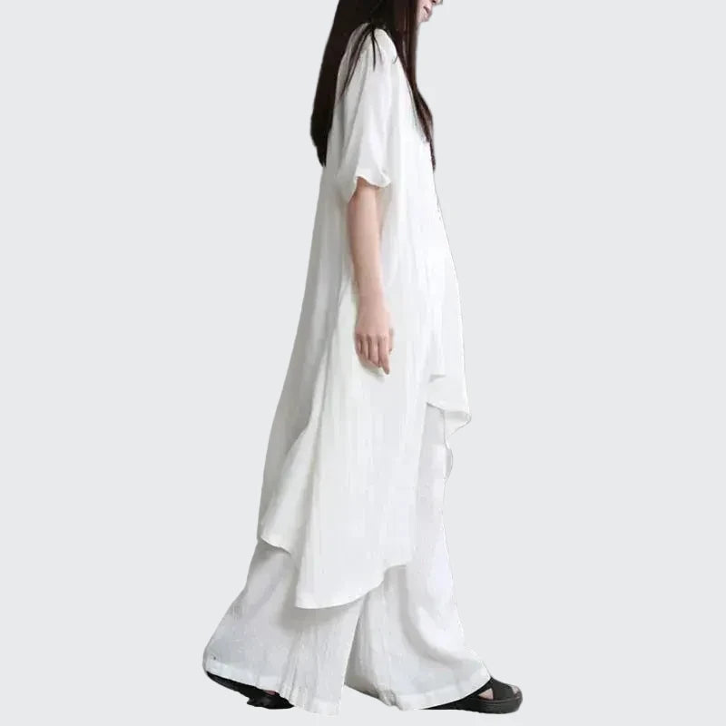 🍒Two-piece set for women shirts and pants outfit holiday cotton linen style wide leg trousers and asymetric top short sleeve blouse suit summer clothing  Layback Loose Linen-y Lovely
