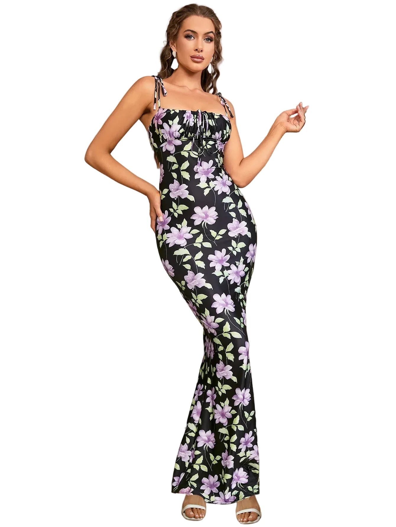 🍒Spaghetti strap foral bodycon  dress with balconette womens flower outfit for summer party club long dresses for women No Fork For This Fish Dish