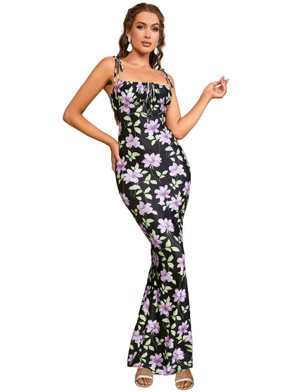 🍒Spaghetti strap foral bodycon  dress with balconette womens flower outfit for summer party club long dresses for women No Fork For This Fish Dish