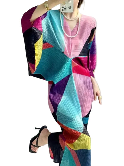 🍒Pleated batwing sleeves dress for women's high end fashion and relaxed printed v-neck holiday wear party occasion plisse clothing multi colour outfit Bag A Batwing