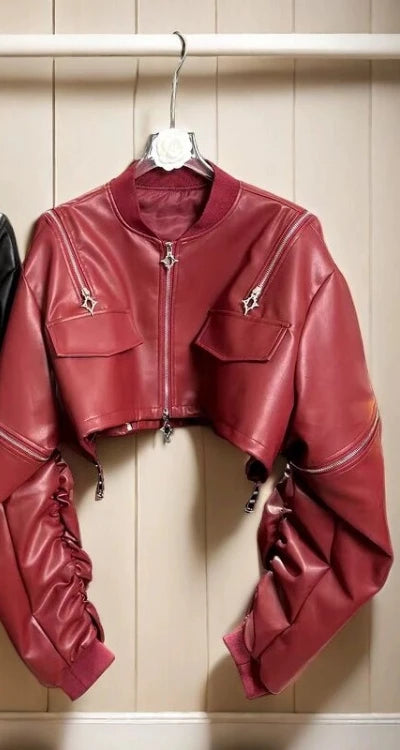 🍒pu cold shoulder leerbaadjie Y2K estetiese straatklere buiteklere los modes vroue soliede mode vroulike kort jas Bly snoesig in 'n koue skouerjas