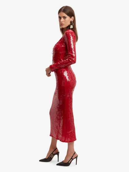🍒Women's red sequins dress cut out front tie string backless fashion long sleeve evening outfits midaxi shiny party cocktail gowns Catch A Taxi In Ya' Maxi