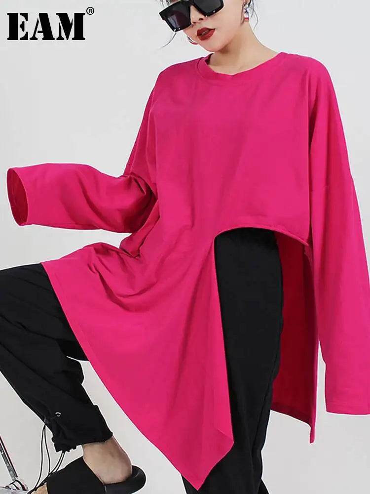 🍒Hot pink t-shirt big size Irregular side slit tee with o-neck long sleeve fashion for women smart casual spring autumn clothing  Don’t Cut Across This Cool Cross Cut