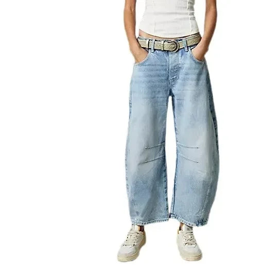 🍒Los middellyf Jeans gebleikte denimstyl vol lengte broeke mode soliede kleur broeke met sakke gemaklike drag vir vroue Barrels Of Style